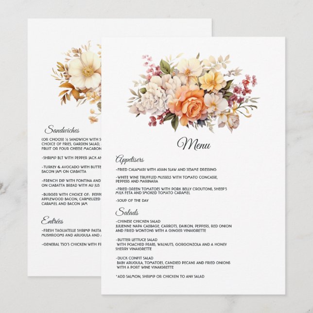 Champagne Coloured Floral Wedding Menu (Front/Back)