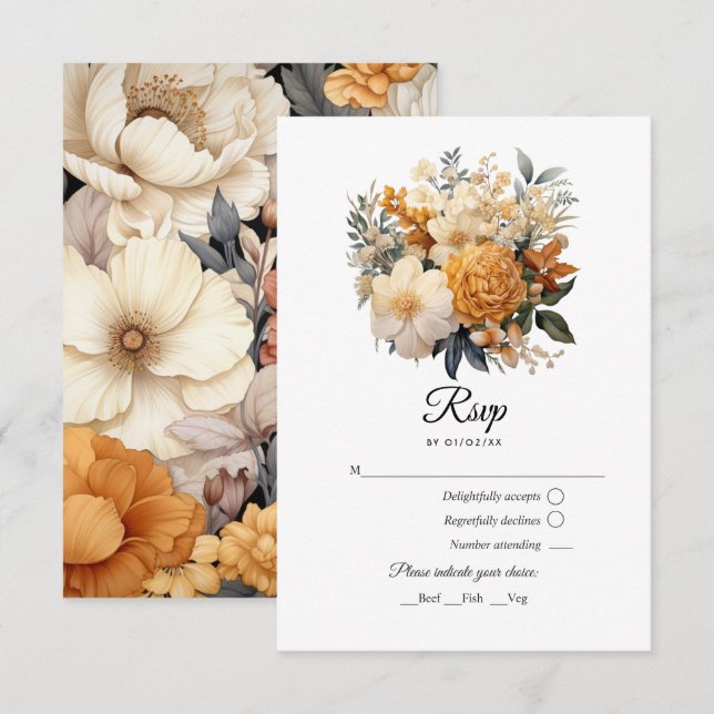 Champagne Coloured Floral Wedding RSVP Card (Front/Back)