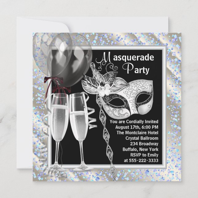 Champagne Confetti Black and Blue Masquerade Party Invitation (Front)