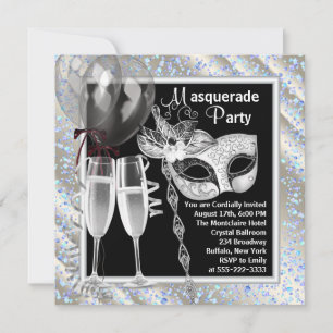 Champagne Confetti Black and Blue Masquerade Party Invitation
