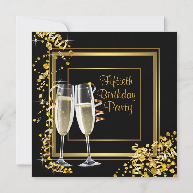 Champagne Confetti Black Gold 50th Birthday Party Invitation (Front)