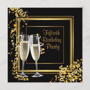 Champagne Confetti Black Gold 50th Birthday Party Invitation