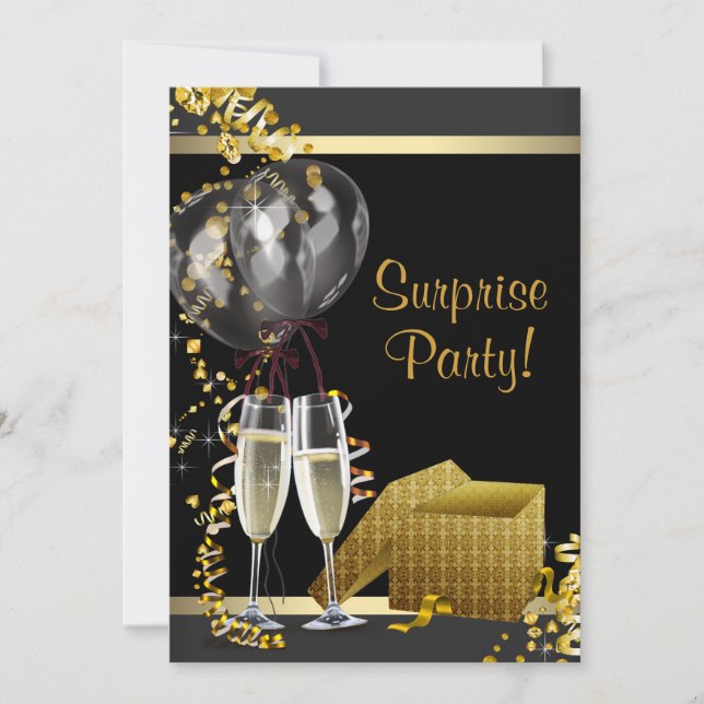 Champagne Confetti Black Gold Surprise Party Invitation (Front)