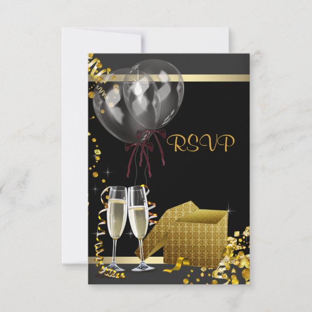 Champagne Confetti Black Gold Surprise Party RSVP Card (Front)