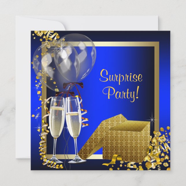 Champagne Confetti Blue and Gold Surprise Party Invitation (Front)