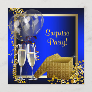 Champagne Confetti Blue and Gold Surprise Party Invitation