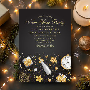 Champagne Confetti Gold Black New Year Party Invitation
