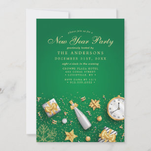 Champagne Confetti Gold Green New Year Party Invitation