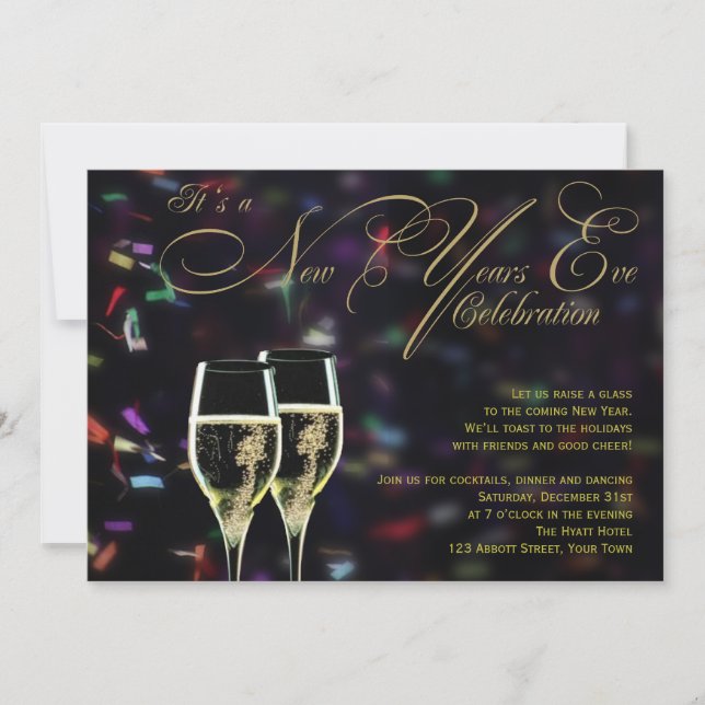 Champagne Confetti New Years Eve Party Invitation (Front)