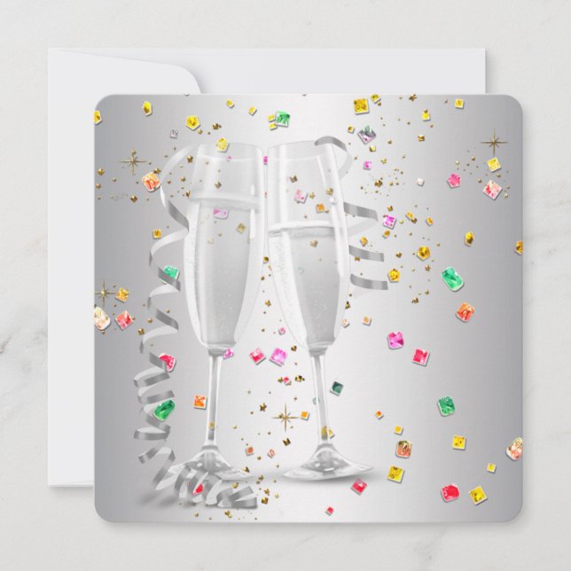 Champagne Confetti New Years Eve Party Invitations (Front)