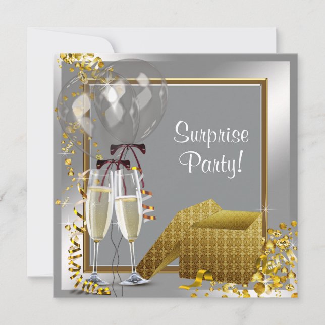 Champagne Confetti Silver and Gold Surprise Party Invitation (Front)