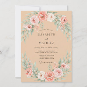 Champagne Coral Ranunculus Eucalyptus Wedding Invitation