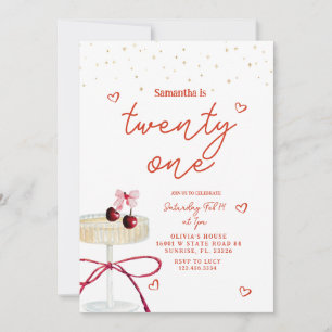 Champagne Coupe Cherry Heart Birthday Invitation