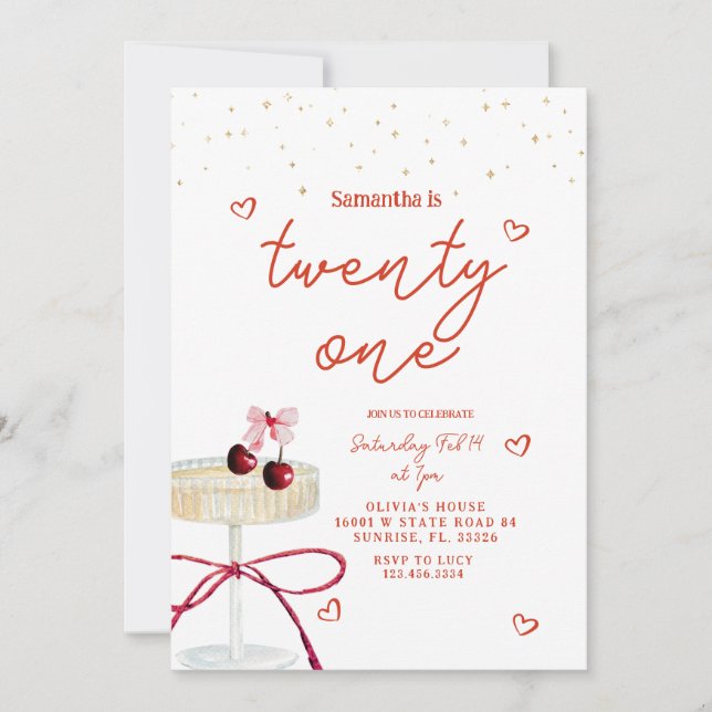 Champagne Coupe Cherry Heart Birthday Invitation (Front)