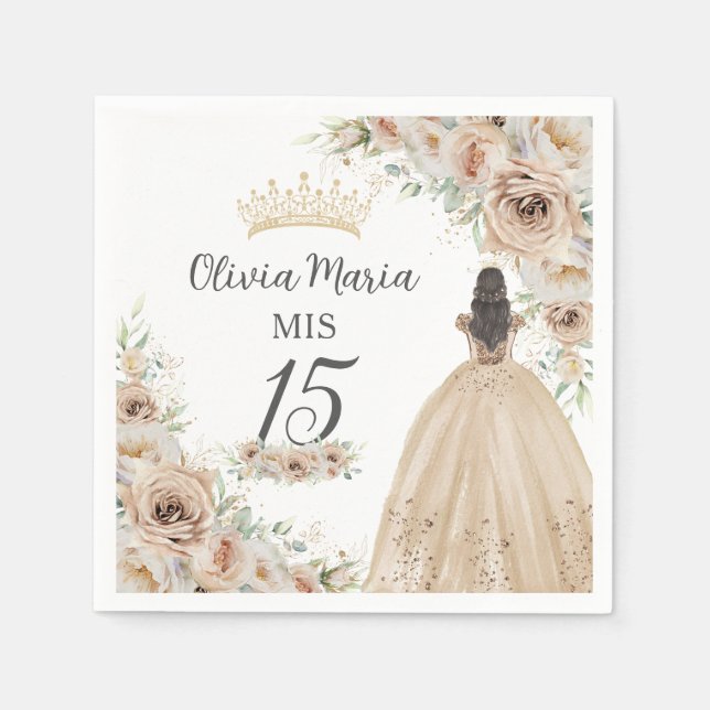 Champagne Cream Beige Floral Princess Quinceañera Napkin (Front)