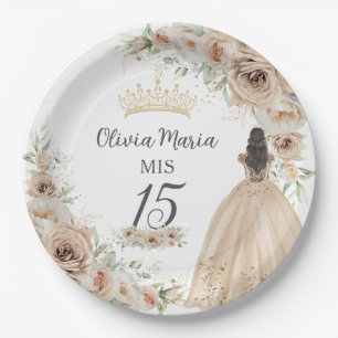 Champagne Cream Beige Floral Princess Quinceañera Paper Plate