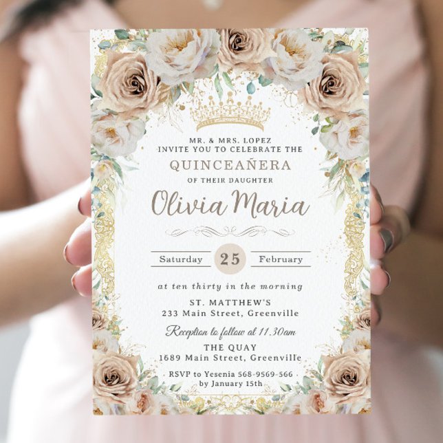 Champagne Cream Beige Floral Vintage Quinceanera  Invitation (Creator Uploaded)