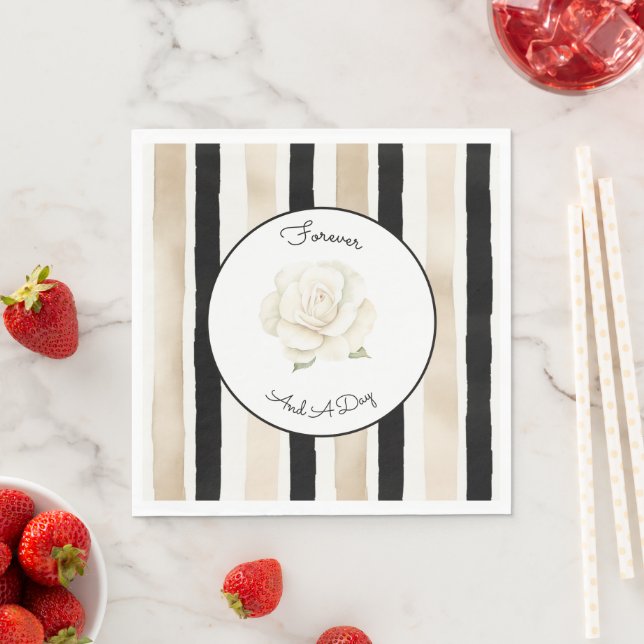 Champagne Cream Black White Rose Stripes Wedding Napkin (Insitu)