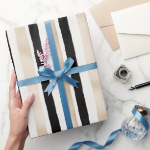 Champagne Cream Black White Stripes Wedding Wrapping Paper