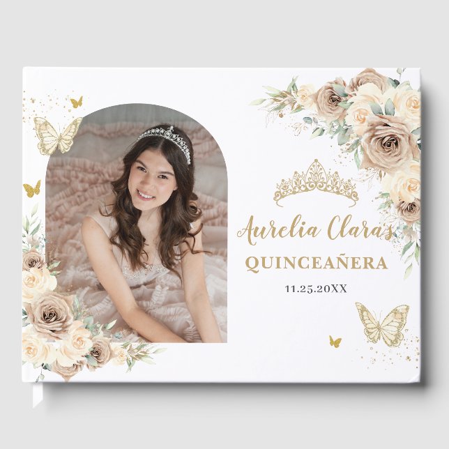 Champagne Cream Floral Butterflies Quinceañera Guest Book (Front)