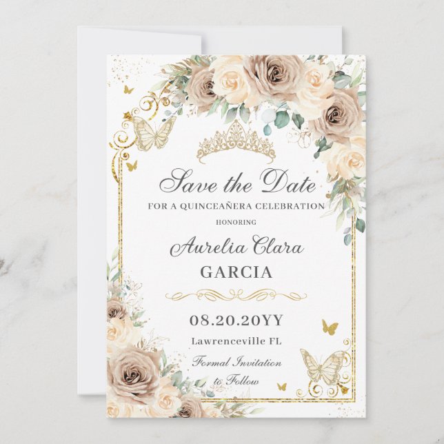 Champagne Cream Floral Sweet 16 Gold Quinceañera Save The Date (Front)