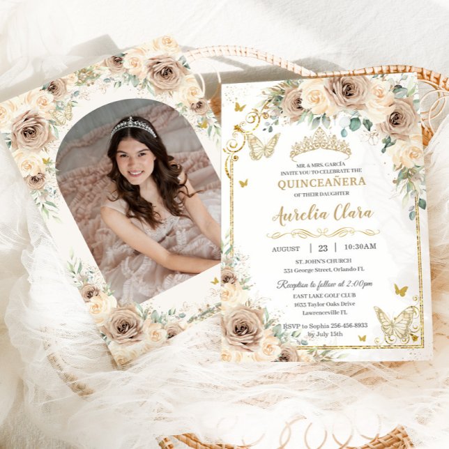 Champagne Cream Floral Sweet 16 Quinceañera Photo Invitation (Creator Uploaded)
