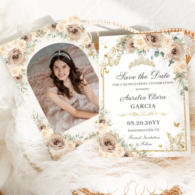 Champagne Cream Floral Sweet 16 Quinceañera Photo Save The Date (Creator Uploaded)