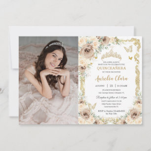 Champagne Cream Floral Sweet Sixteen QUINCEAÑERA  Invitation