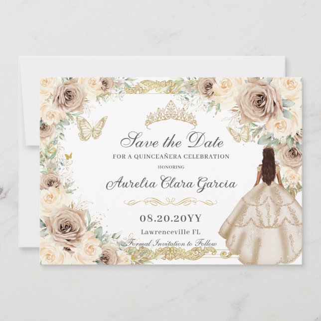 Champagne Cream Floral Sweet Sixteen QUINCEAÑERA Save The Date (Front)