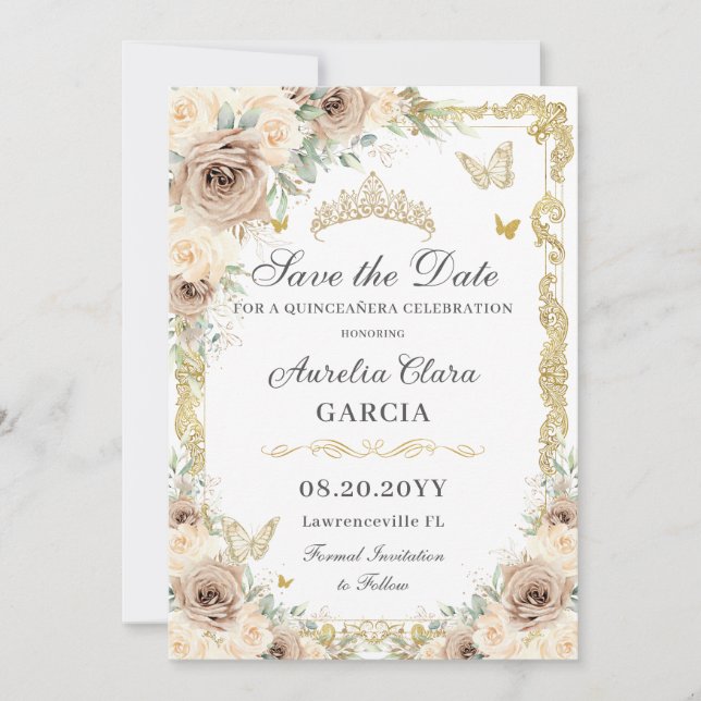 Champagne Cream Floral Sweet Sixteen QUINCEAÑERA Save The Date (Front)