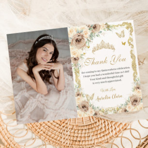 Champagne Cream Floral Sweet Sixteen Quinceañera Thank You Card