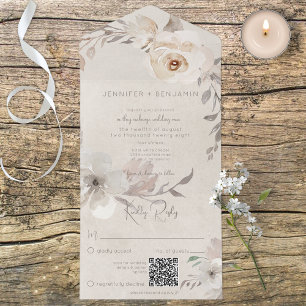 Champagne & Cream Watercolor Boho Floral QR Code All In One Invitation