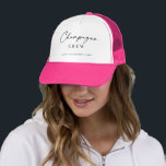 Champagne Crew | Fun Bridal Party for Bridesmaids Trucker Hat<br><div class="desc">Pop the bubbly and celebrate in style with this “Champagne Crew” hat, designed for unforgettable bachelorette weekends and bridal getaways. With elegant black lettering on a white front and a bold pink brim, it’s the perfect accessory for the bride’s fun loving crew. Personalise it with names or event details to...</div>