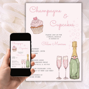 Champagne & Cupcakes Modern Pink Bridal Luncheon Invitation