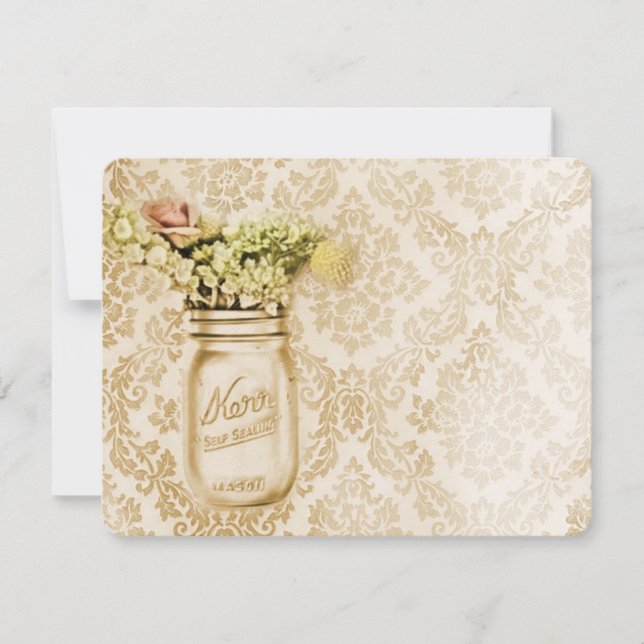 Champagne damask floral mason jar wedding invitation (Front)