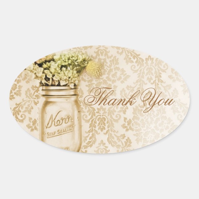 Champagne damask floral mason jar wedding oval sticker (Front)