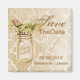 Champagne damask mason jar save the date wedding magnet