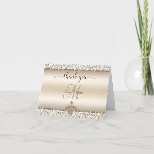 Champagne Damask Monogram Fleur De Lis Wedding Thank You Card (Front)