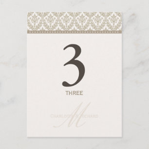 Champagne Damask Monogram Table Number Card