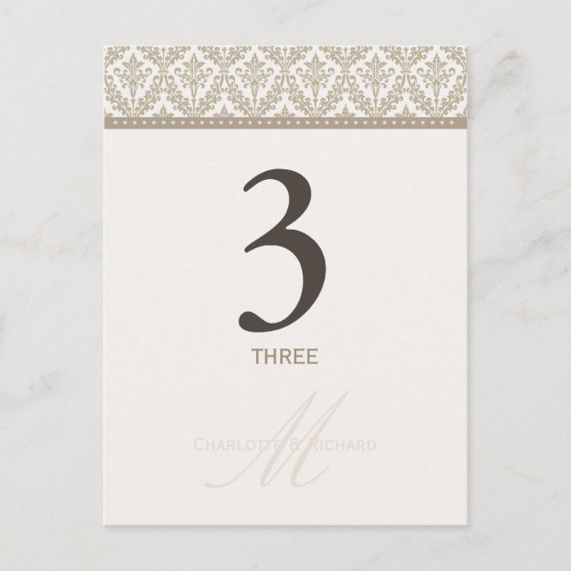 Champagne Damask Monogram Table Number Card (Front)