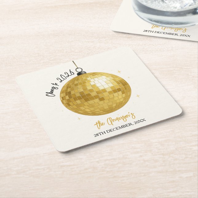 Champagne Disco Ball 2026 New Year Eve Square Paper Coaster (Angled)