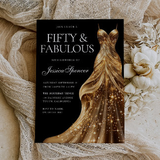 Champagne Dress Black Fabulous Fifty 50th Birthday Invitation