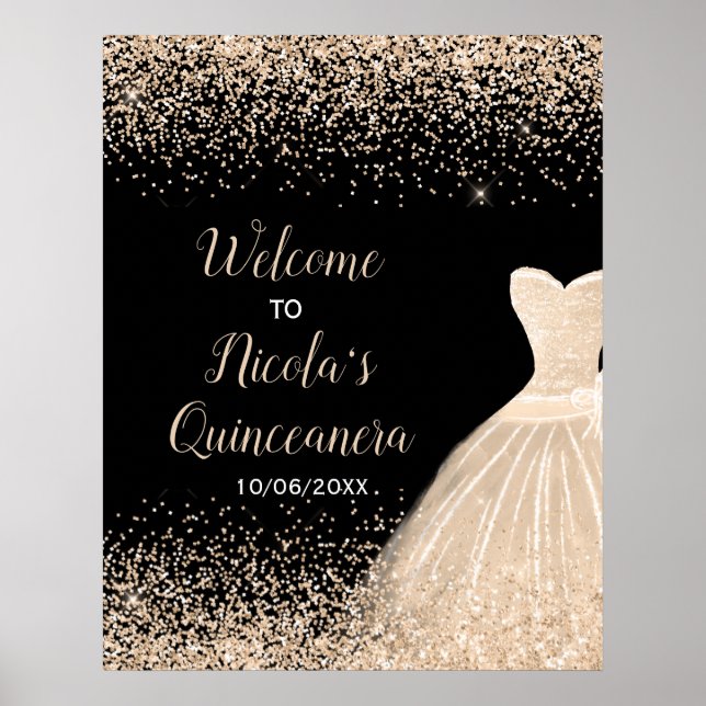 Champagne Dress Faux Glitter Quinceanera Welcome Poster (Front)