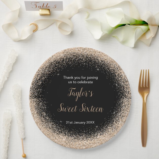 Champagne Dress Faux Glitter Sweet 16 Birthday Paper Plate (Wedding)