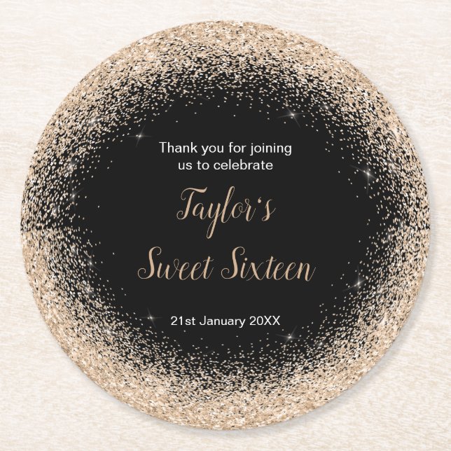 Champagne Dress Faux Glitter Sweet 16 Birthday Round Paper Coaster (Front)