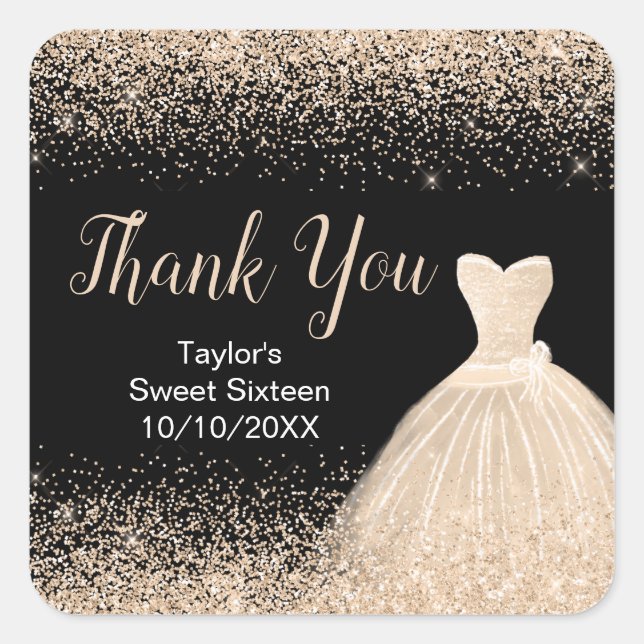 Champagne Dress Faux Glitter Sweet 16 Birthday Square Sticker (Front)
