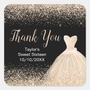Champagne Dress Faux Glitter Sweet 16 Birthday Square Sticker