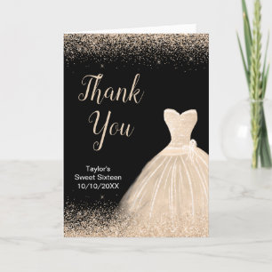 Champagne Dress Faux Glitter Sweet 16 Birthday Thank You Card