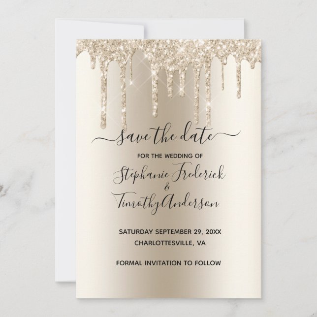 Champagne Dripping Glitter Trendy Glam Wedding Save The Date (Front)