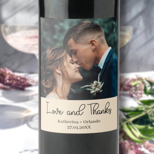 Champagne Elegant Wedding Love and Thanks Photo Wine Label (Creator Uploaded)